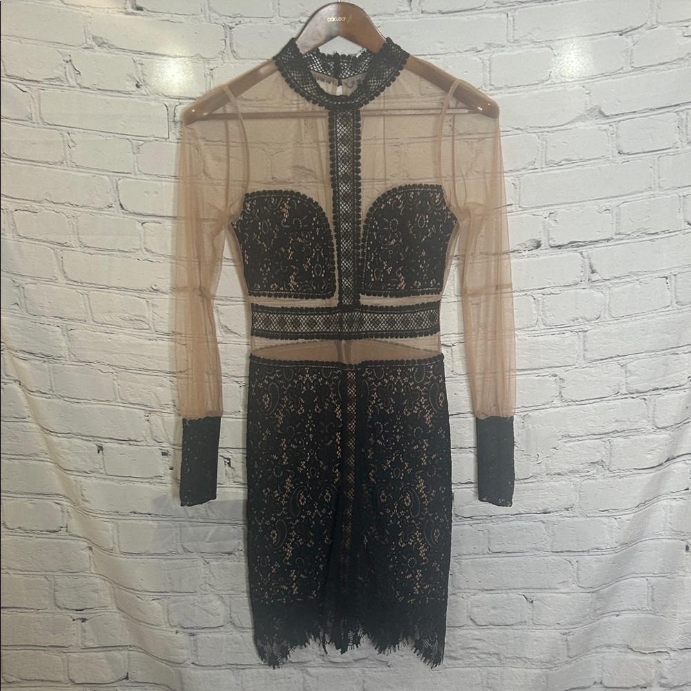 For Love & Lemons Black Lace Over Beige Sheer Long Sleeve Dress Size Small